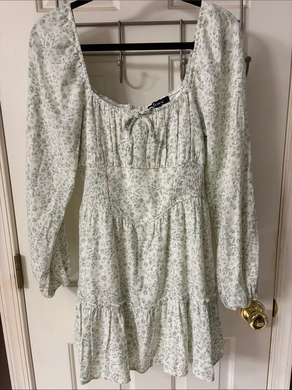 Trixxi Light Green Floral Long Sleeve Tiered Dress